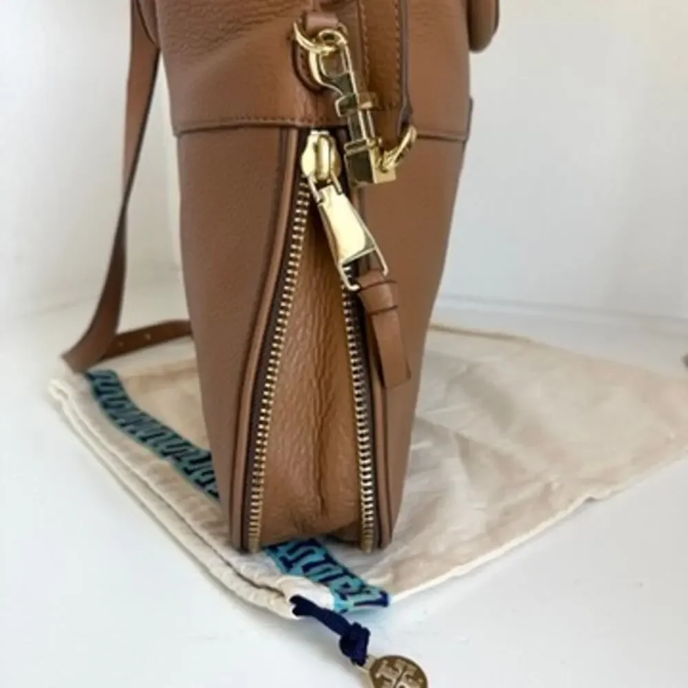 TORY BURCH Robinson Foldover Messenger Bag Brown Leather Crossbody Tote4 - Picture 9 of 13